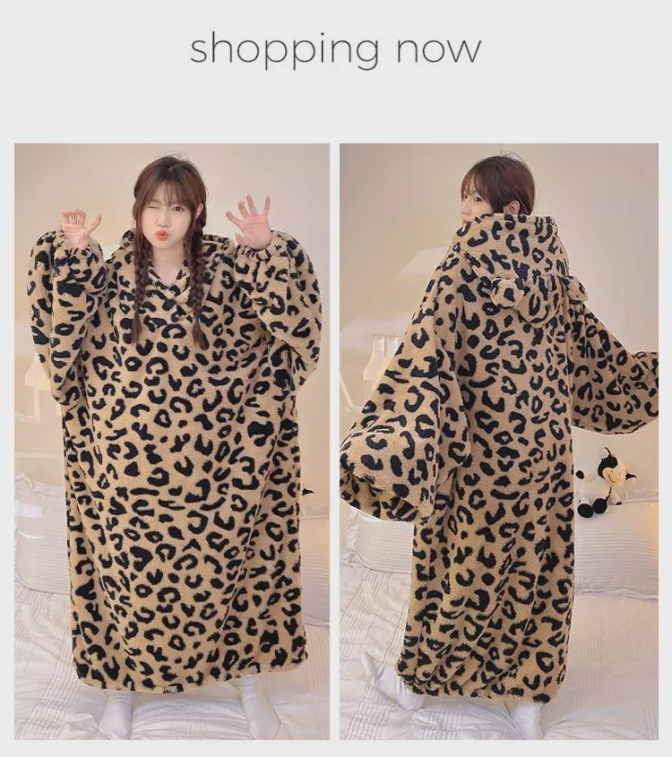 Pijama de Inverno Flanelada Longa com Capuz para Mulheres - Camisola Robe Fofa e Quente de Manga Comprida