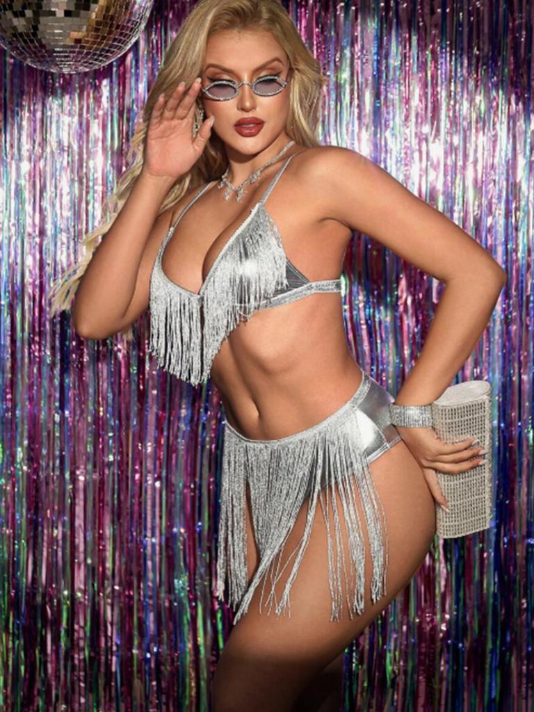 Women’s Silver Tassel Lingerie Set, Sexy Metallic Bra and High Waist Shorts, Halloween Party Outfit, Gift for Female Companion