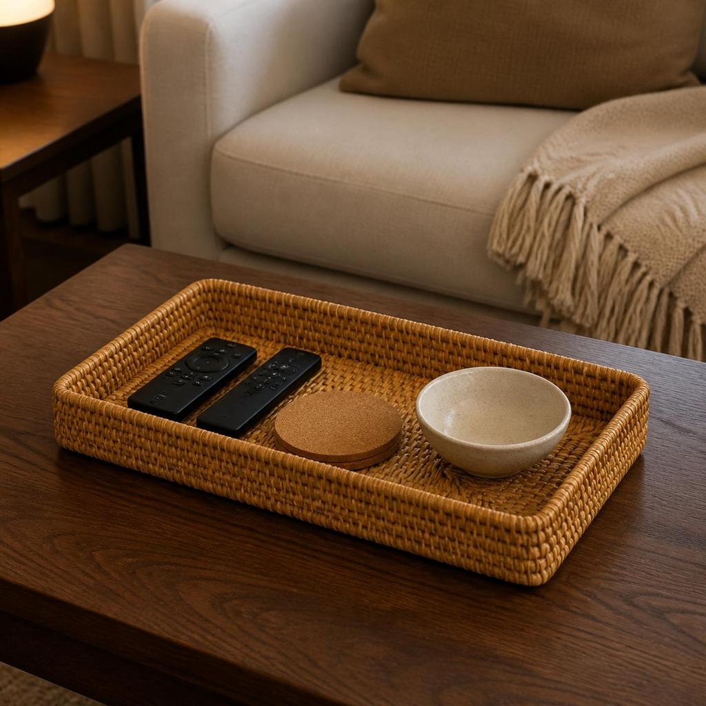 Natural Rectangular Woven Rattan-Style Storage Tray Sleek Open-Top