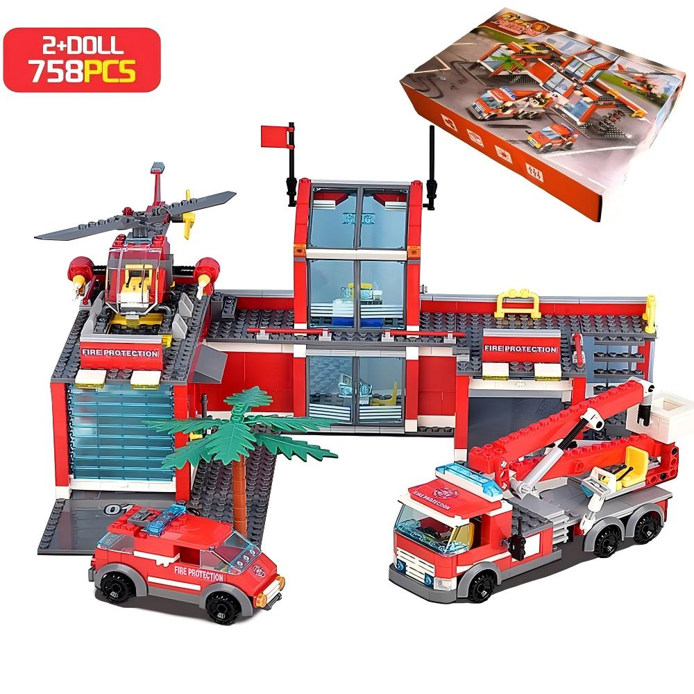 MOC Serie Ciudad Modelo de Estación de Bomberos Bloques de Construcción Camión Helicóptero Bombero Ladrillos Ciudad Juguete Educativo Regalo DIY