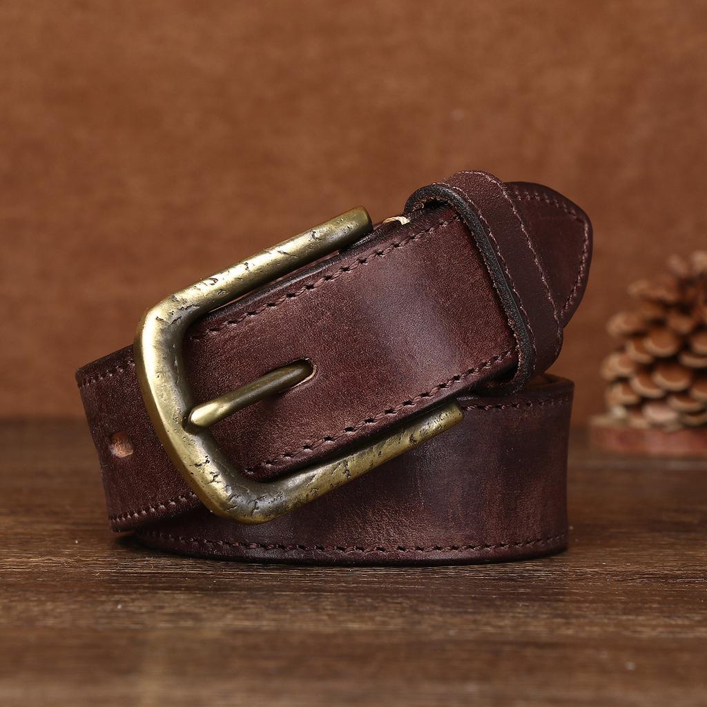 Men's Belt First Layer Cowhide Thickened Copper Buckle Vegetable Tanned Leather Washed Retro Belt