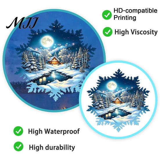 Transparent PVC Festive Decor Snowy House Window Cling, Static Sticker with Moonlit Forest Scene and Easy to Remove Glass Art Large Snowflake