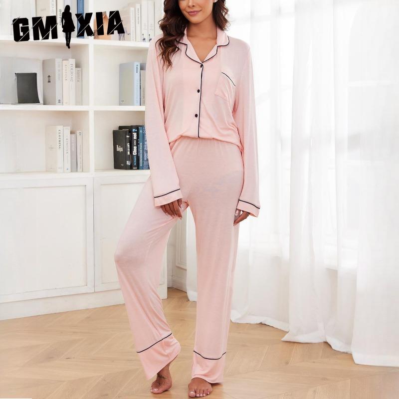 

GMXIA Женский домашний костюм Осень и Зима Рубашка с длинным рукавом Брюки Пижама из двух частей XL розового золота