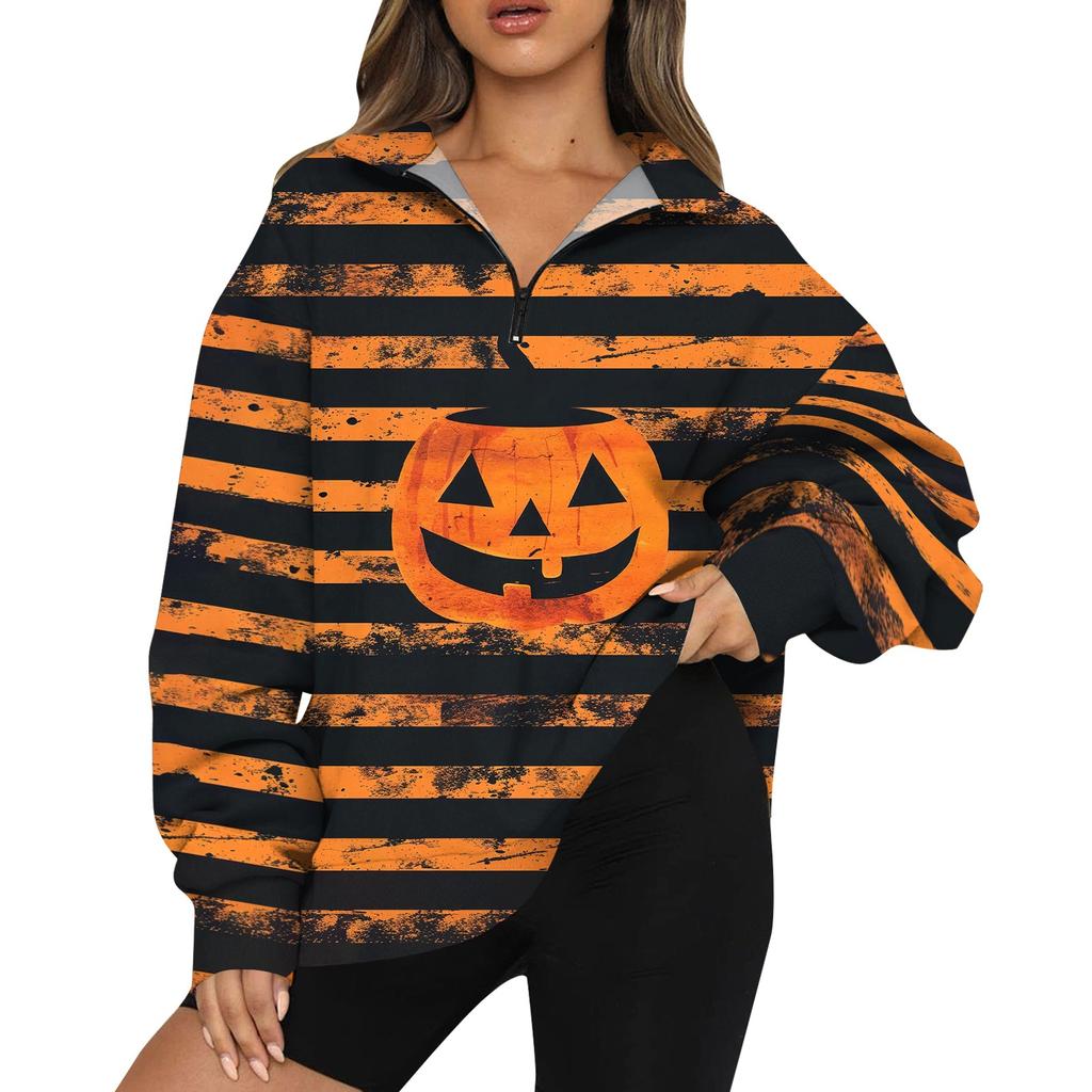 Women's Casual Fashion Long Sleeve  Print Oversize Zip Sweatshirt Top