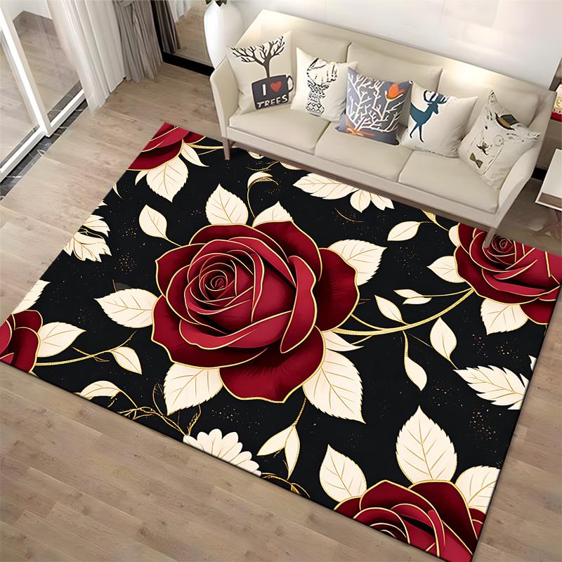 Large Red Roses Pattern Carpet with Black Background and Gold Accents Suitable for use as an anti-slip for living room bedroom sofas