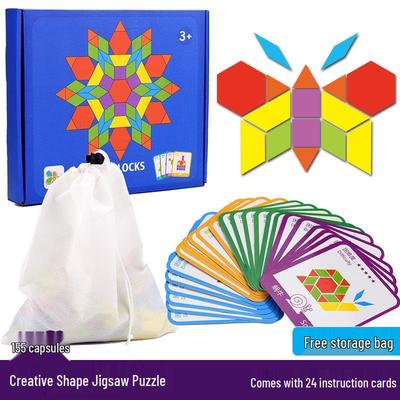Dřevěné tvarové puzzle pro děti (155 dílků) pro ranou výchovu - Měnitelná geometrická hra Tangram