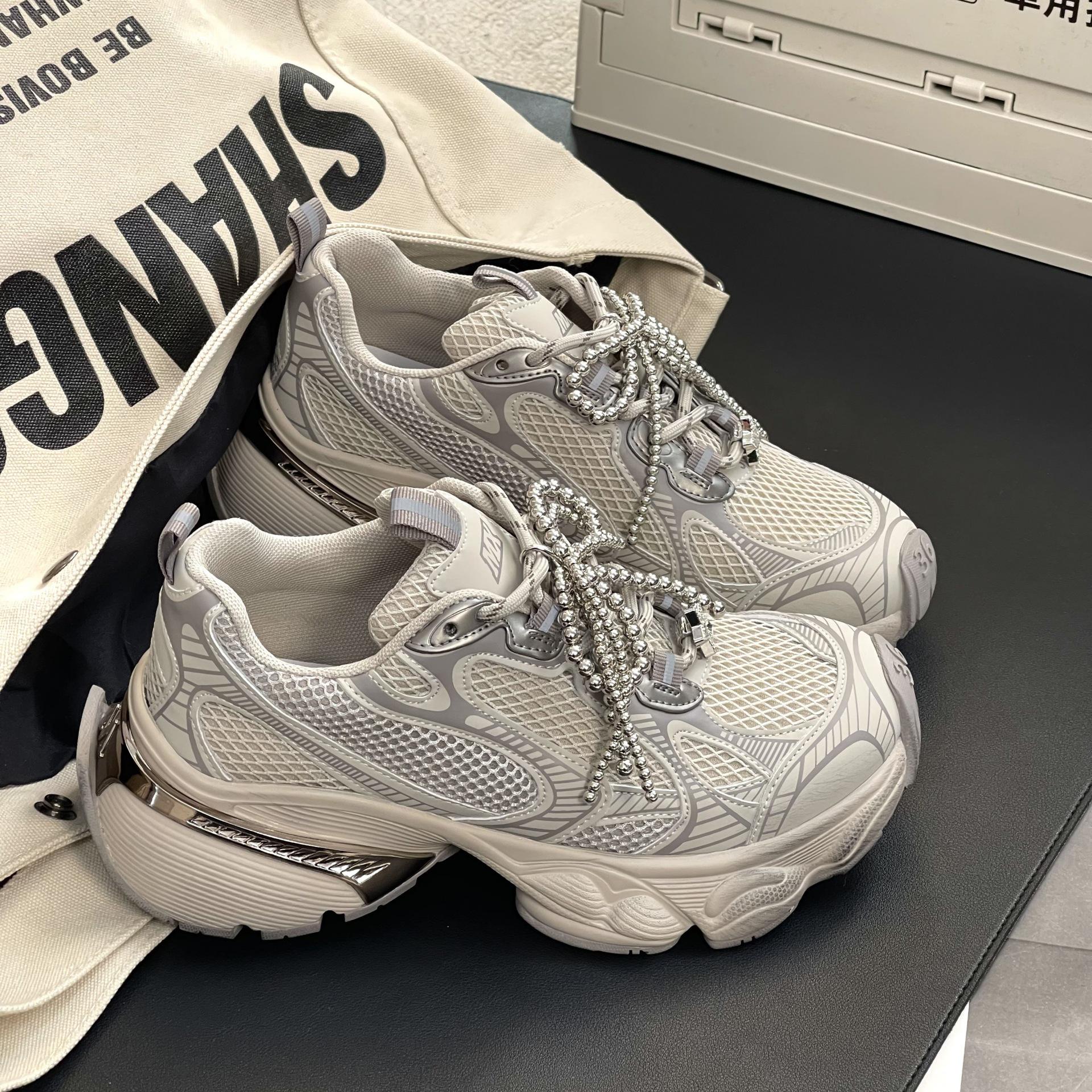 

Женские туфли Silver Mesh Dad Shoes весна-лето 2025 г. – натуральная кожа, толстая подошва, легкие, увеличивают рост, универсальные, модные, повседневная спортивная обувь Size 35 светло-серый