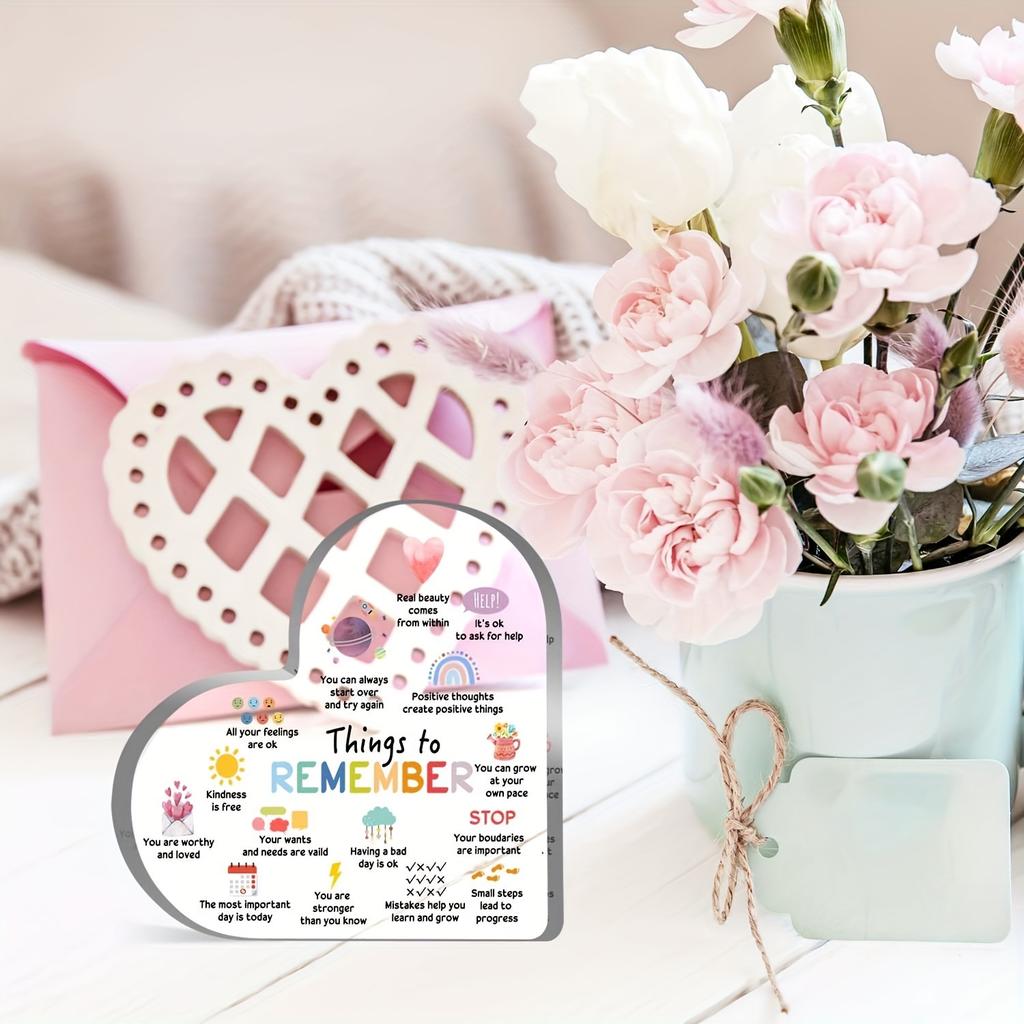 [Inspirational Heart Decor] Inspirational Heart-Shaped Acrylic Desk Decor - 2D Flat, Colorful & Uplifting with Positive Mental Health Messages  