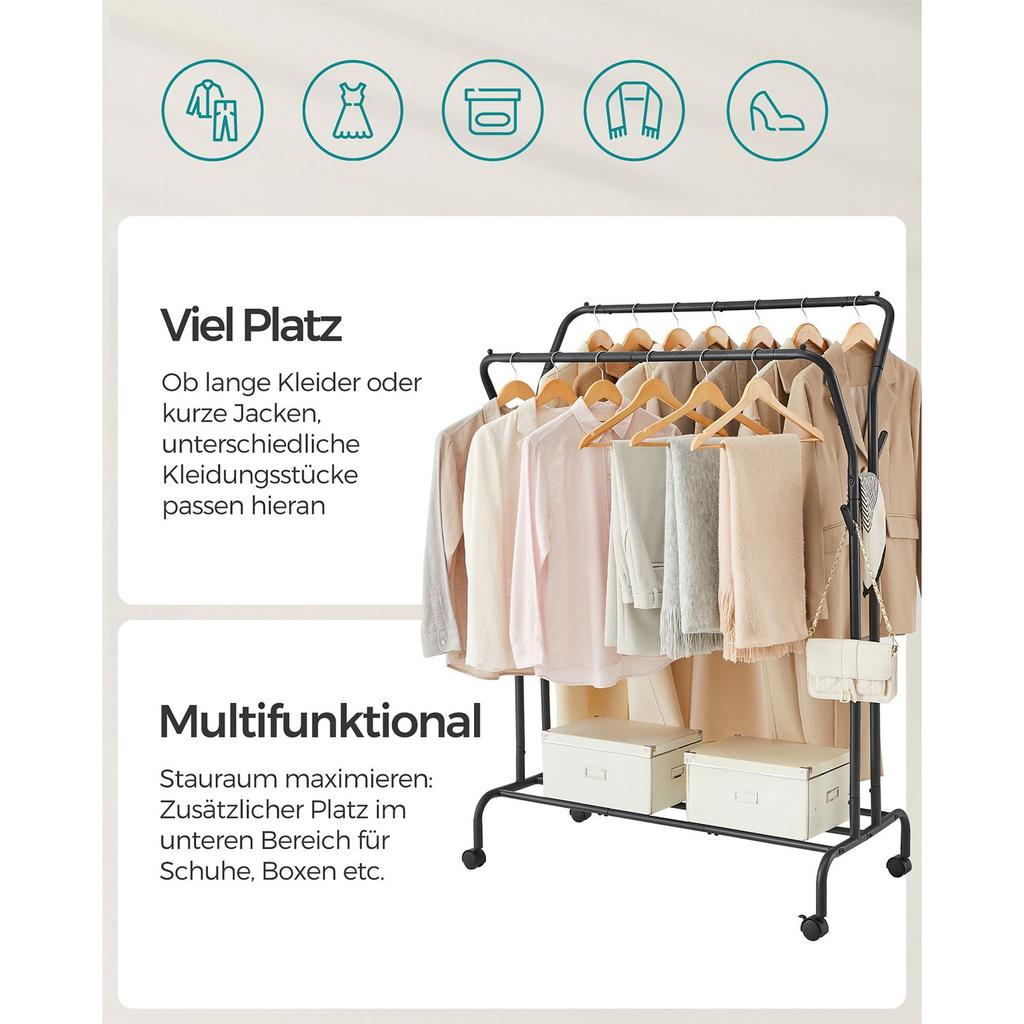 SONGMICS Clothes Rail, Clothes Rack, Double Clothes Hanging Rail, Heavy-Duty Metal Frame, with Wheels and Shelf, 100 kg Total Max. Load