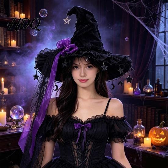Stylish Lace Bow Headwear Halloween Witch Hat, Gothic Dark Wizard Costume Headpiece for Women, Spooky Velvet Cone Photogenic Daily Lolita Wear