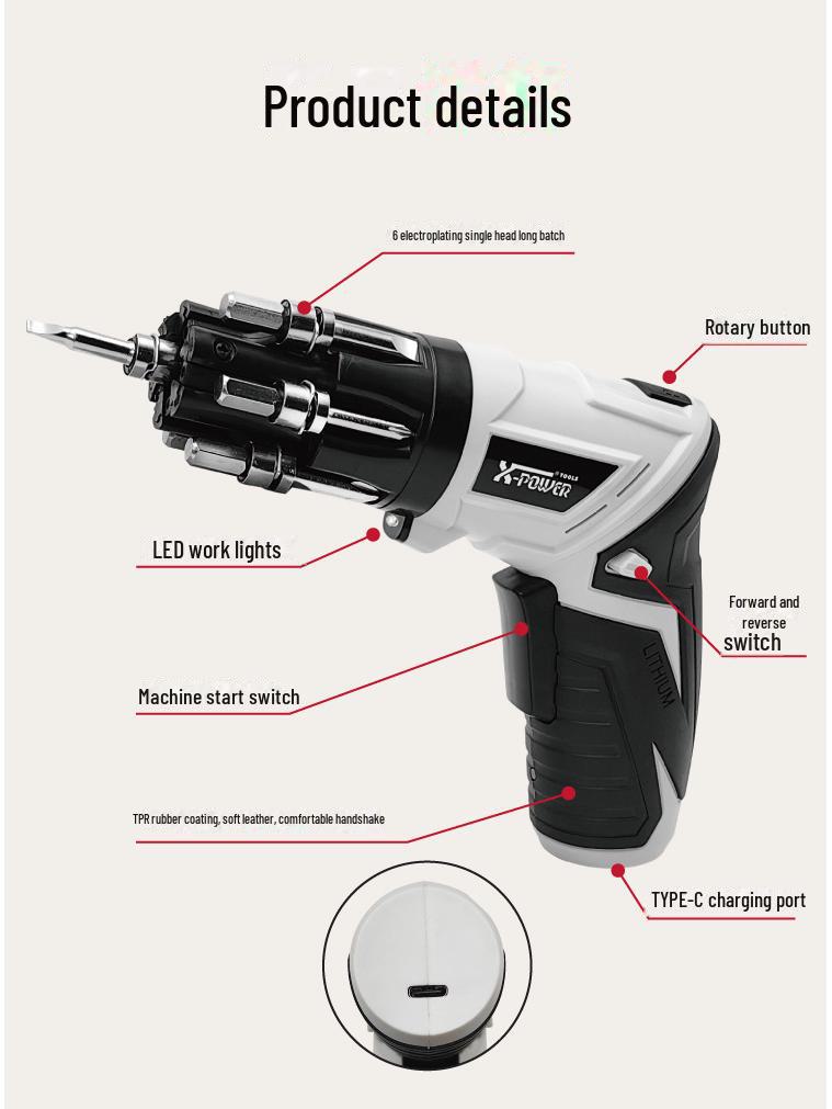 3,6V Wiederaufladbarer Elektrischer Schraubendreher mit Typ-C-Schnittstelle und Pistolengriff