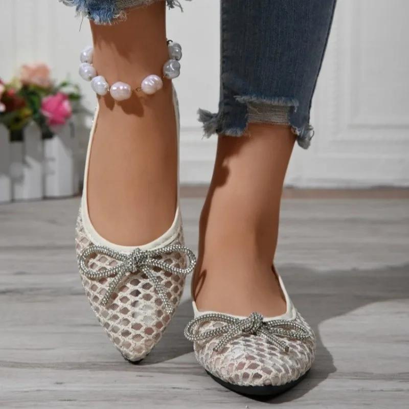 Spring New Flat Shoes Women's Pointed Head Shallow Mouth Mesh Fabric Breathable Butterfly Knot Soft Sole Non-slip Single Shoes
