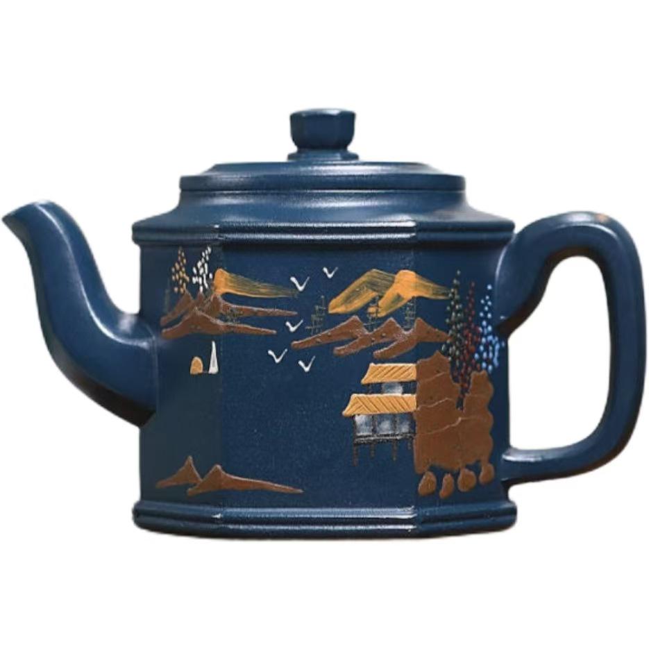Authentic Yixing Zisha Palace Lantern Teapot: Aged Sky Blue Clay, Green Mountain Setting, High-End Tea Set