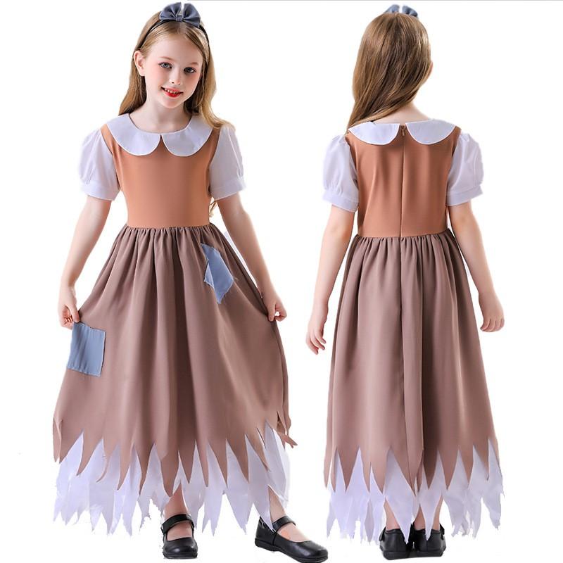 Halloween Costume Girls Cosplay Cinderella Maid Dress Brown Cotton Party Outfit Ages 18-24