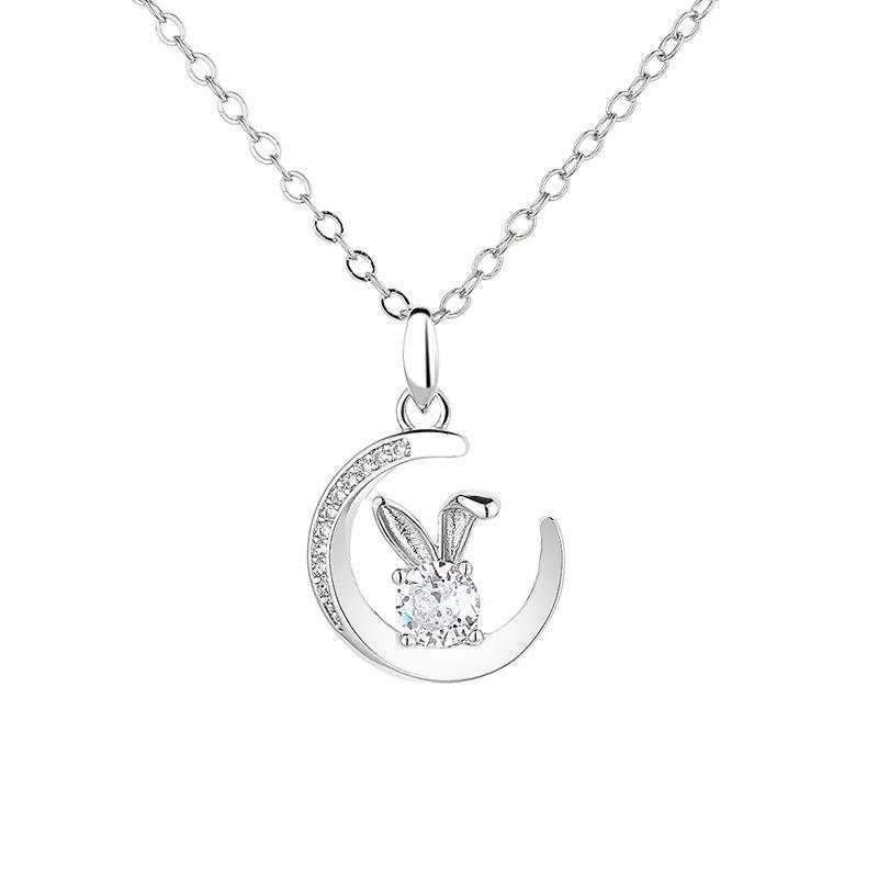925 Sterling Silver Moon Jade Rabbit Necklace Women's New One-carat Mozzarella Rabbit Versatile Pendant Birthday Gift