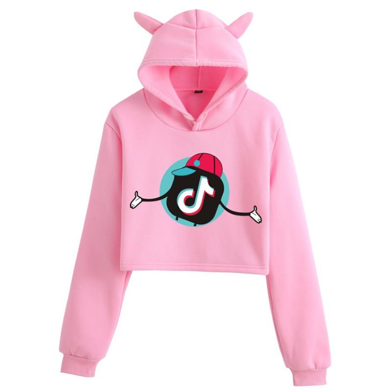 Women Tok Tik Short Pullover Hoodie Spring Autumn Sweatshirt Jumper Tops Crop