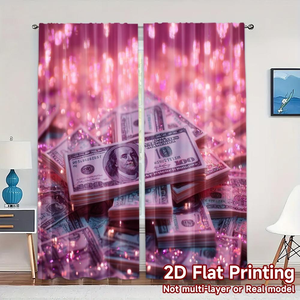

Contemporary Flat Printing Curtains Without Rod Sparkling Cash Chic Fabric Outdoor Decorations Set Of 2 Made Polyester W100*H70(CM)-Hooks&1PCS