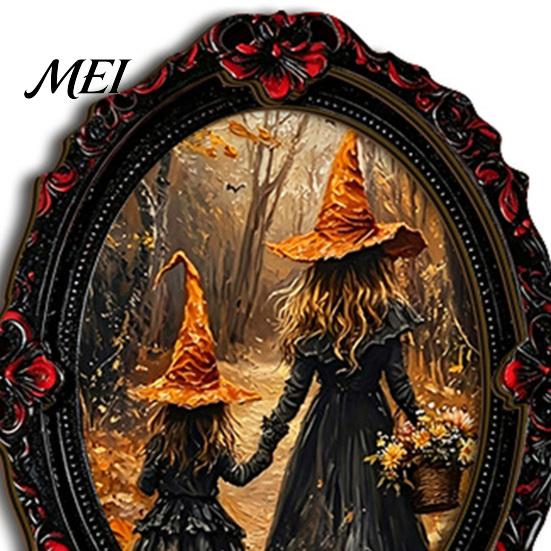 Soft Magnetic Backing Fridge Stickers Halloween Magnet, Ghost Witch Photo Frame, Wooden Waterproof Retro Oil Painting Magnets Frame Decoration,