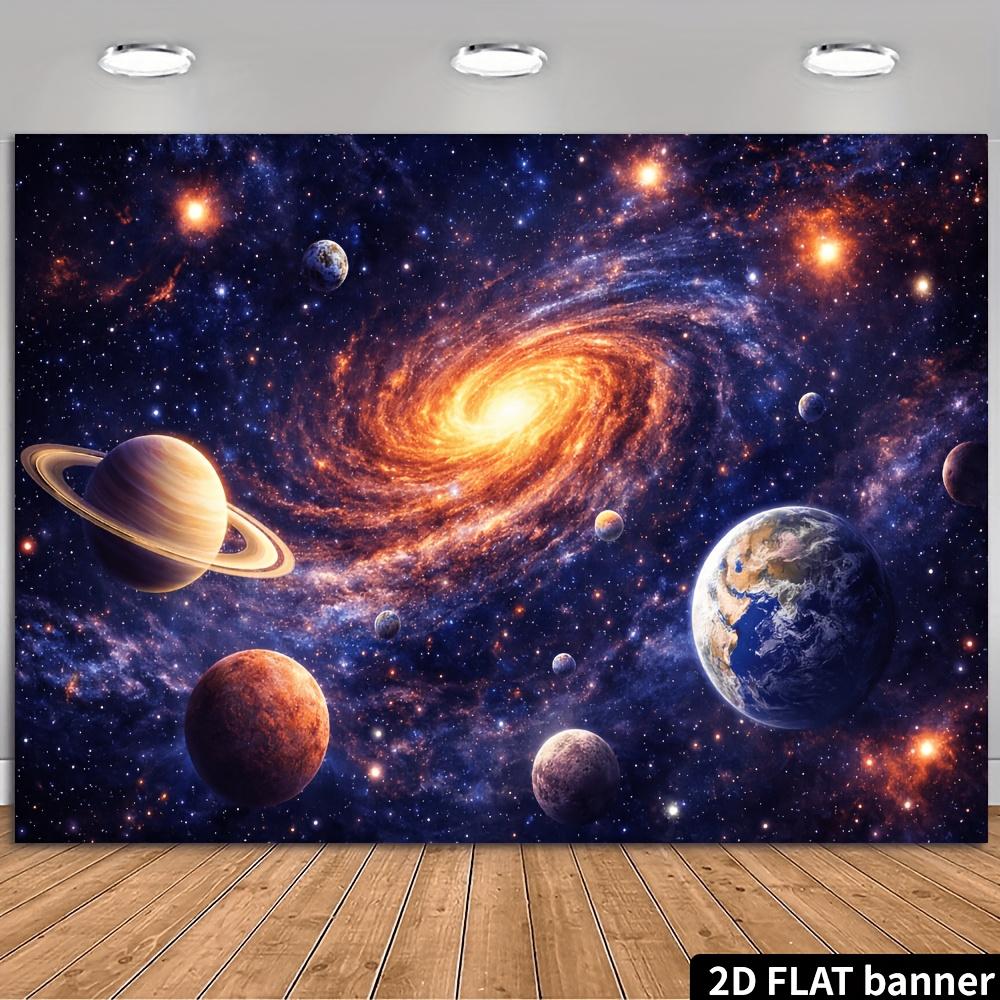 2D Planar Cosmic Space Theme Banner Background Spiral Galaxy Planet Theme Featuring Saturn Earth and Various Celestial Bodies 100x150cm