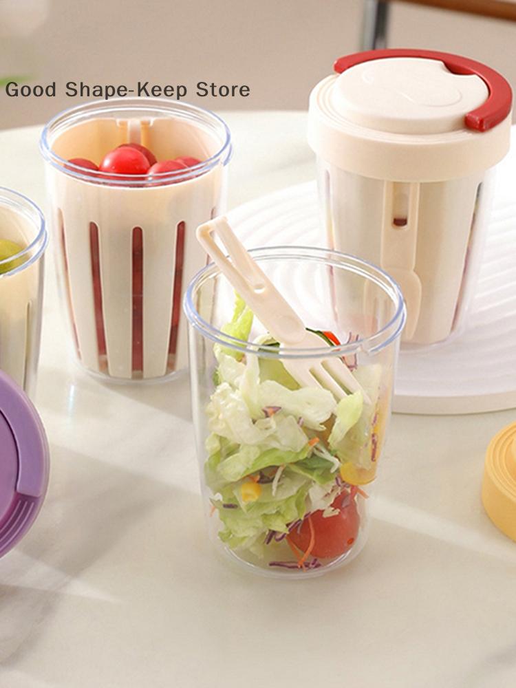 Double Layer Salad Cup For Picnic Drainable Fruit Box With Fork Outdoor Portable Tableware Leakproof Food Leak-Proof Fruit Cup
