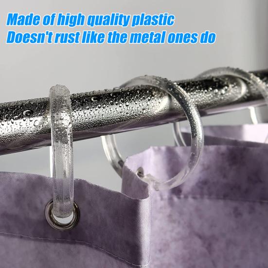12 Pcs Plastic Shower Curtain Rings O Shape Clear Shower Curtain Hooks Easy Snap Closure Curtain Hooks for Bathroom Shower Curtain And Liner