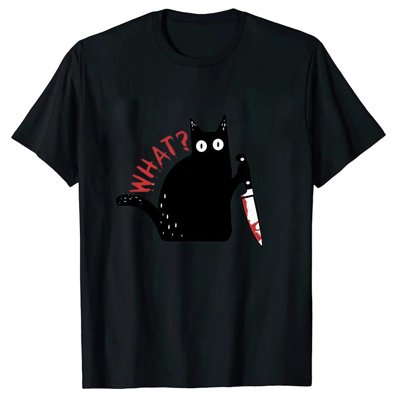 Black Cat with a Knife Rinted Tshirts Unisex Women Unisex Casual Loose Round Neck Creative Personalized Tshirts WHAT Pattern Top