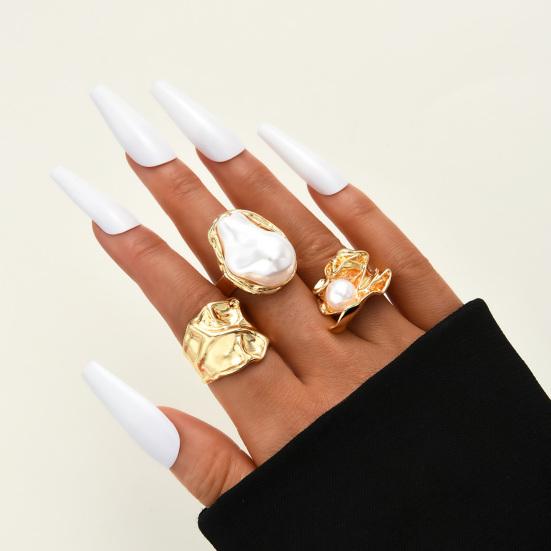 3Pcs Baroque Faux Pearl Ring Vintage Adjustable Opening Alloy Ring Women Golden Finger Ring Fashion Jewelry Accessories