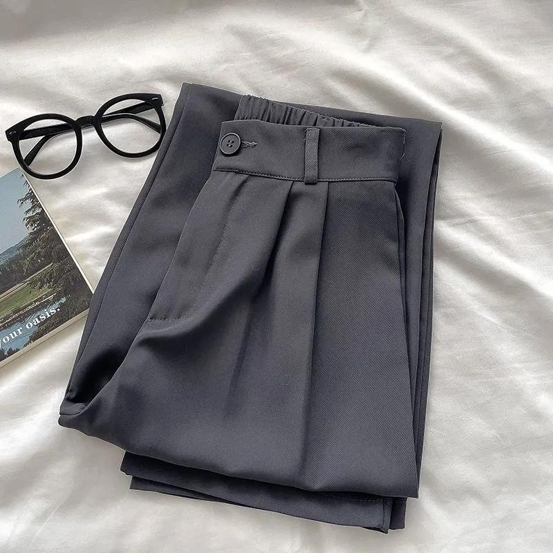 Women's Black Elastic Waist Wide Leg Trousers Casual Loose-fit Suit Pants