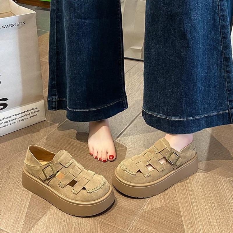 

Полые дышащие сандалии-пучок для женщин, летняя новая мода 2025, два способа носки, толстая подошва, пляжные сандалии, женская обувь 34 хаки