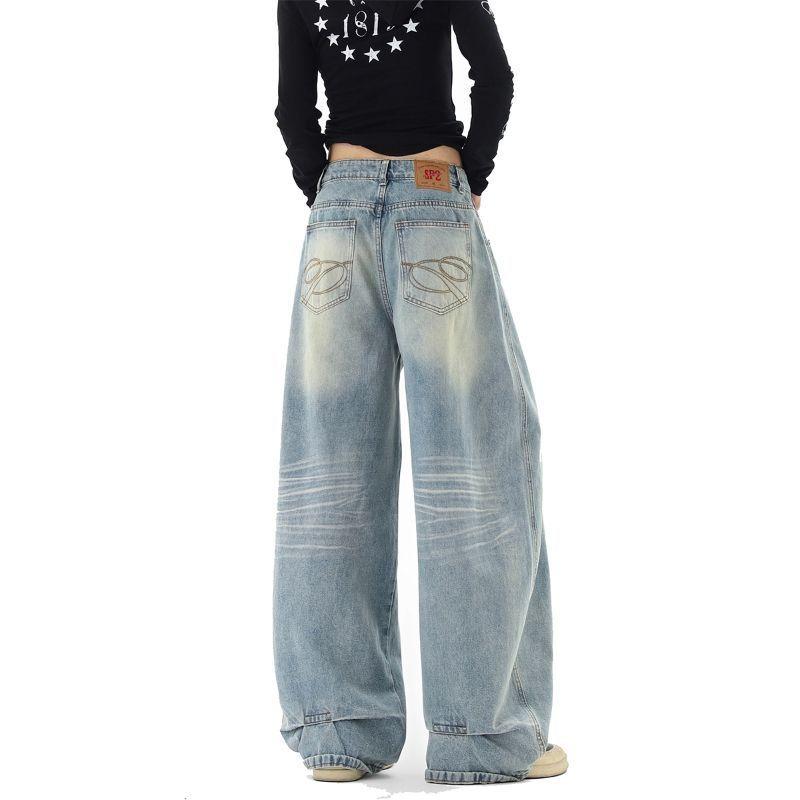Women s Retro Curved Leg Jeans - Spring/Autumn 2025 Washed Wide Leg XL синий