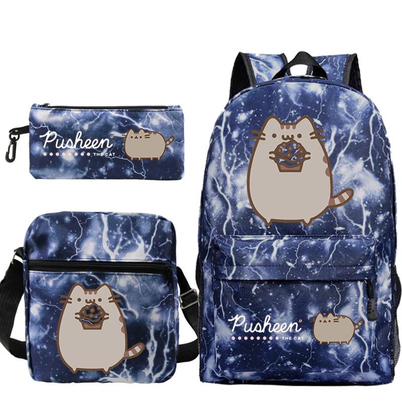 Pusheen fette Katze niedlicher Cartoon bedruckter Schulranzen grenzüberschreitende Studenten tragbare Umhängetasche Federmäppchen dreiteiliges Set