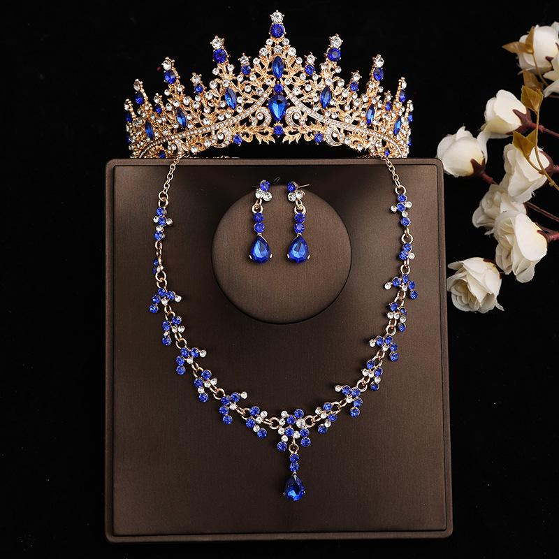 DIEZI Baroque Bridal Rhinestone Crown Tiaras For Women Wedding Princess Queen Blue Crystal Tiaras Necklace Earrings Jewelry Sets