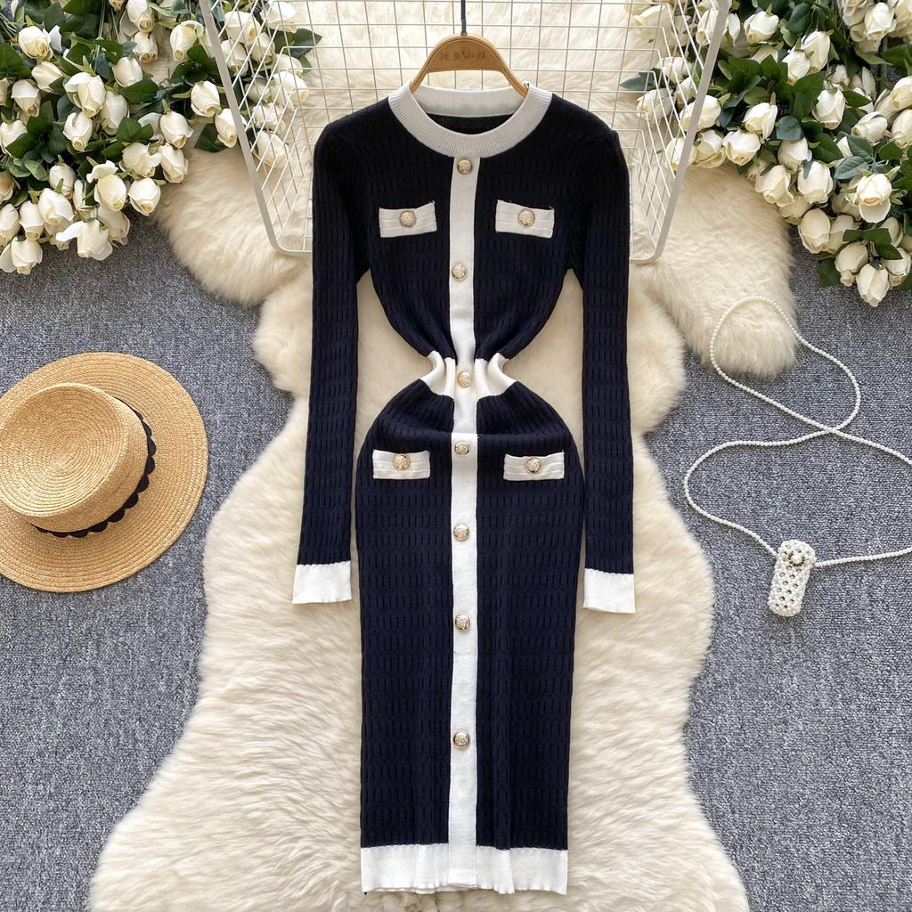 Winter Senior Retro Knitting Dress O Neck Buttons Design France Elegant Skinny Chic Female Autumn Casual Sweater Midi Dress