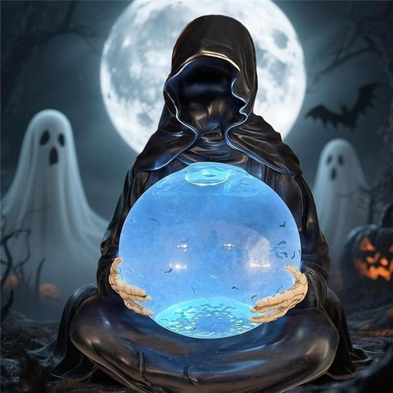 A27F-Grim Reaper Statue LED Light Water Globe With Flying Bats Crystal Ball, For Magical Vibes Halloween Decor