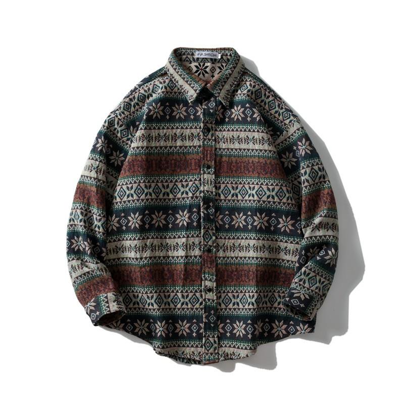 Camicia da uomo a maniche lunghe in flanella, stile etnico vintage, vestibilità larga e oversize, casual, autunno