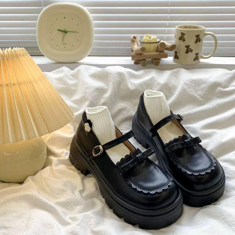 Womens Brown Lace Trim Bow Platform Mary Jane Shoes