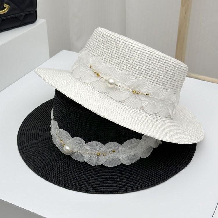 French lace bow hemming straw woven flat top top hat women's summer travel put ultraviolet sunshade big edge straw hat