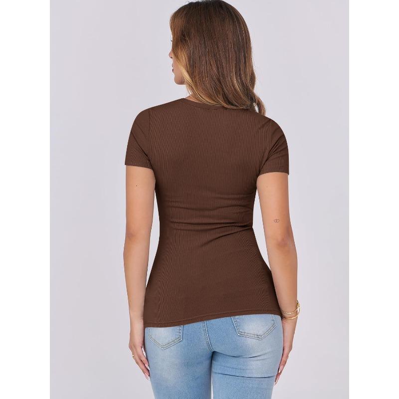 Women European Casual Slim Fit Ribbed Crew Neck Short Sleeve T Shirt