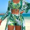 Fashion Printed Drawstring Top Long Sleeve Mesh Blouse Boxers Swimsuit Three-piece Seaside Beach Vacation Swimsuit
