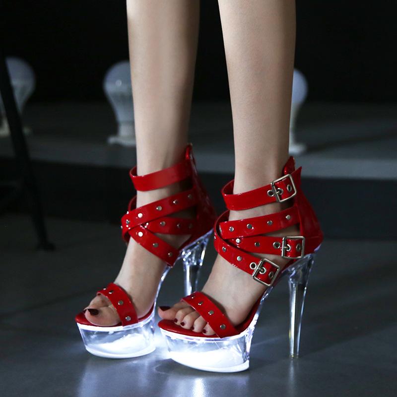 190 Series 14.5 CM Heel 4.5 CM Platform 190-45 Luminous Rivet Zipper Roman Sandals Transparent High Heel 15cm LFD