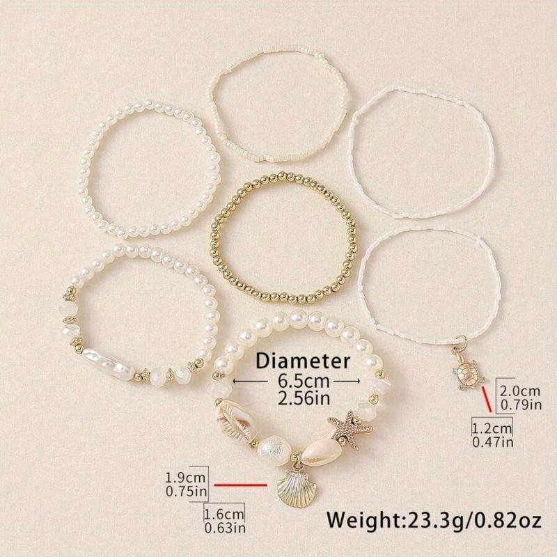 7pcs/Set Seashells, Pearls Beads Layered Bracelet Set, Ndom Shell Patterns, Great Gift Idea, Healing Crystal Bracelet for Spiritual Energy Healing