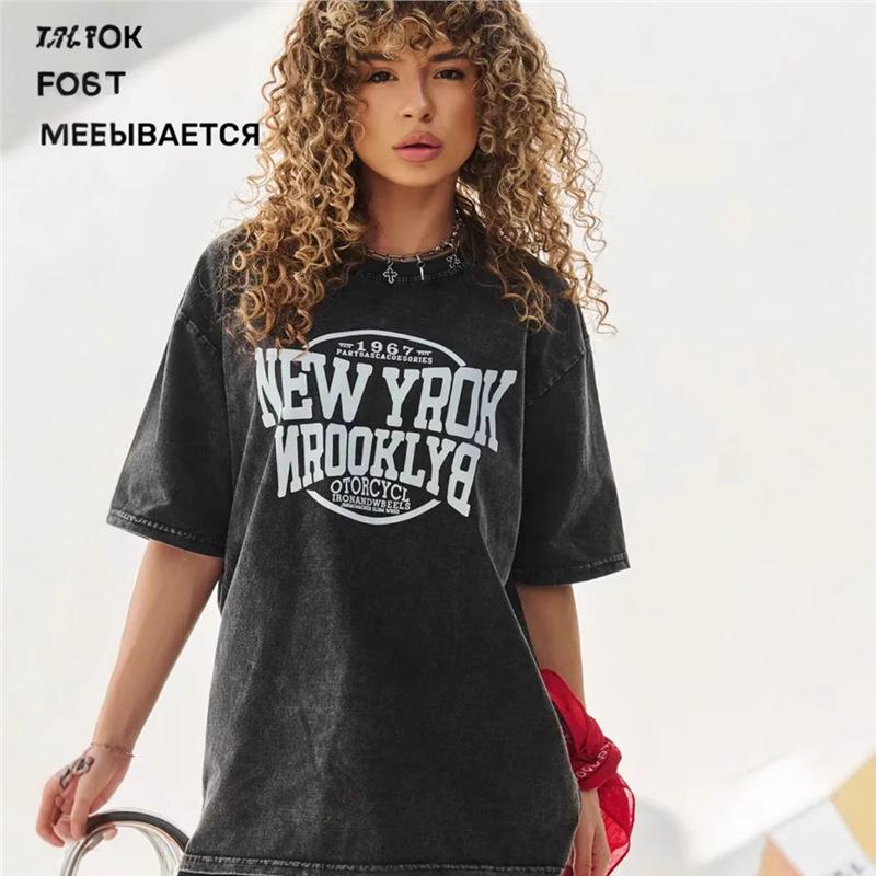 Trendy Vintage Black Washed Graphic Street Style Top