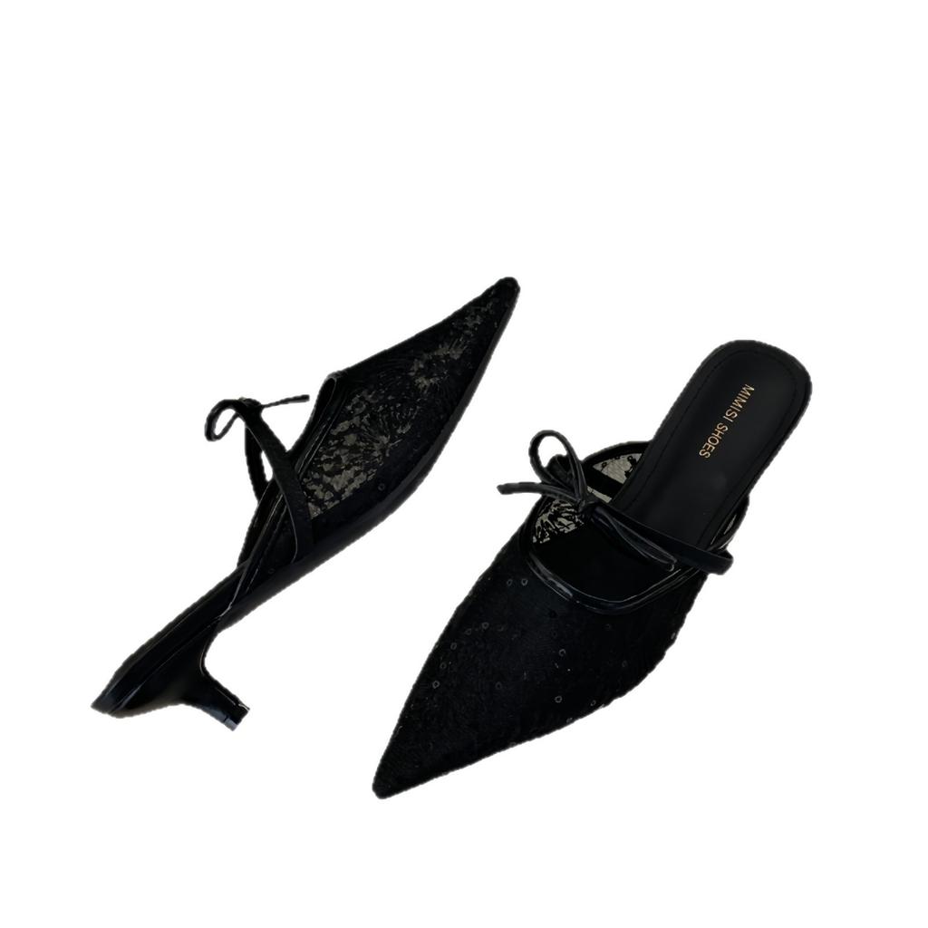 French Fairy Breathable Mesh Lace Bag Head Sandals Female Summer Kitten Heel Empty Single Shoes