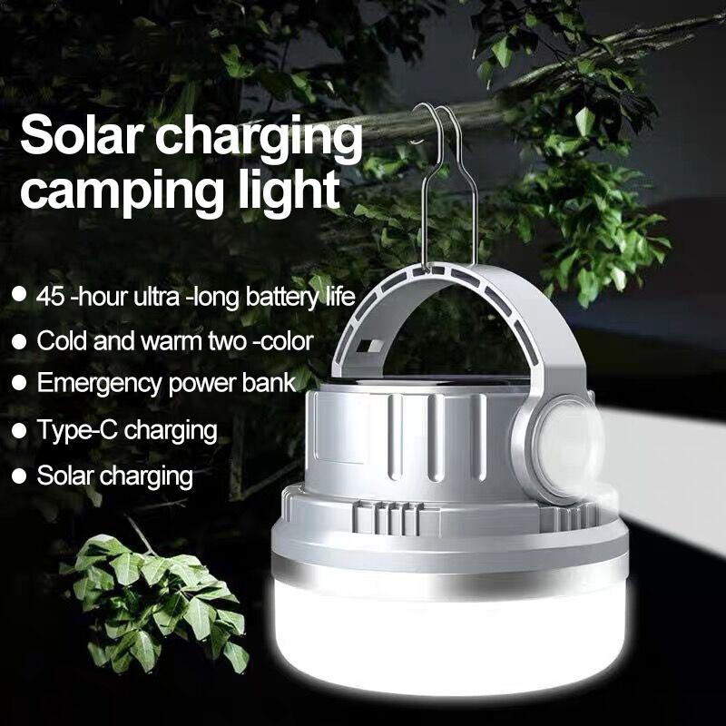 LED Solar Camping Light USB Rechargeable Tent Lamp Portable Waterproof Camping Lantern with Hook Portable Flashlight for Outdoor
