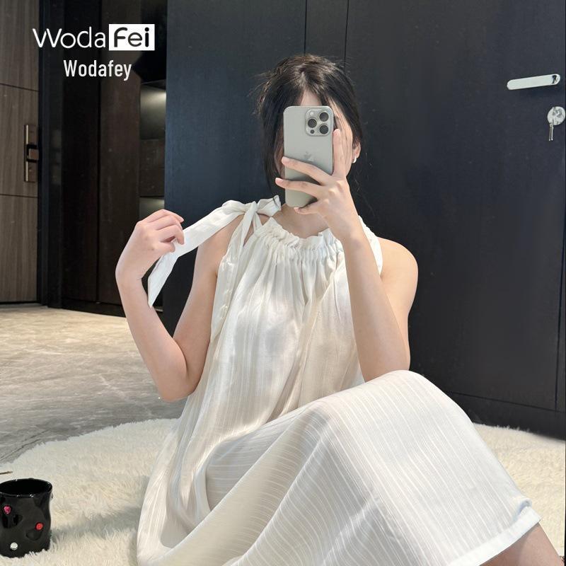 Women s Sleeveless Cotton Silk Halter Nightgown - White, Long, Breathable, Skin-Friendly Pajamas for Summer Medium белый