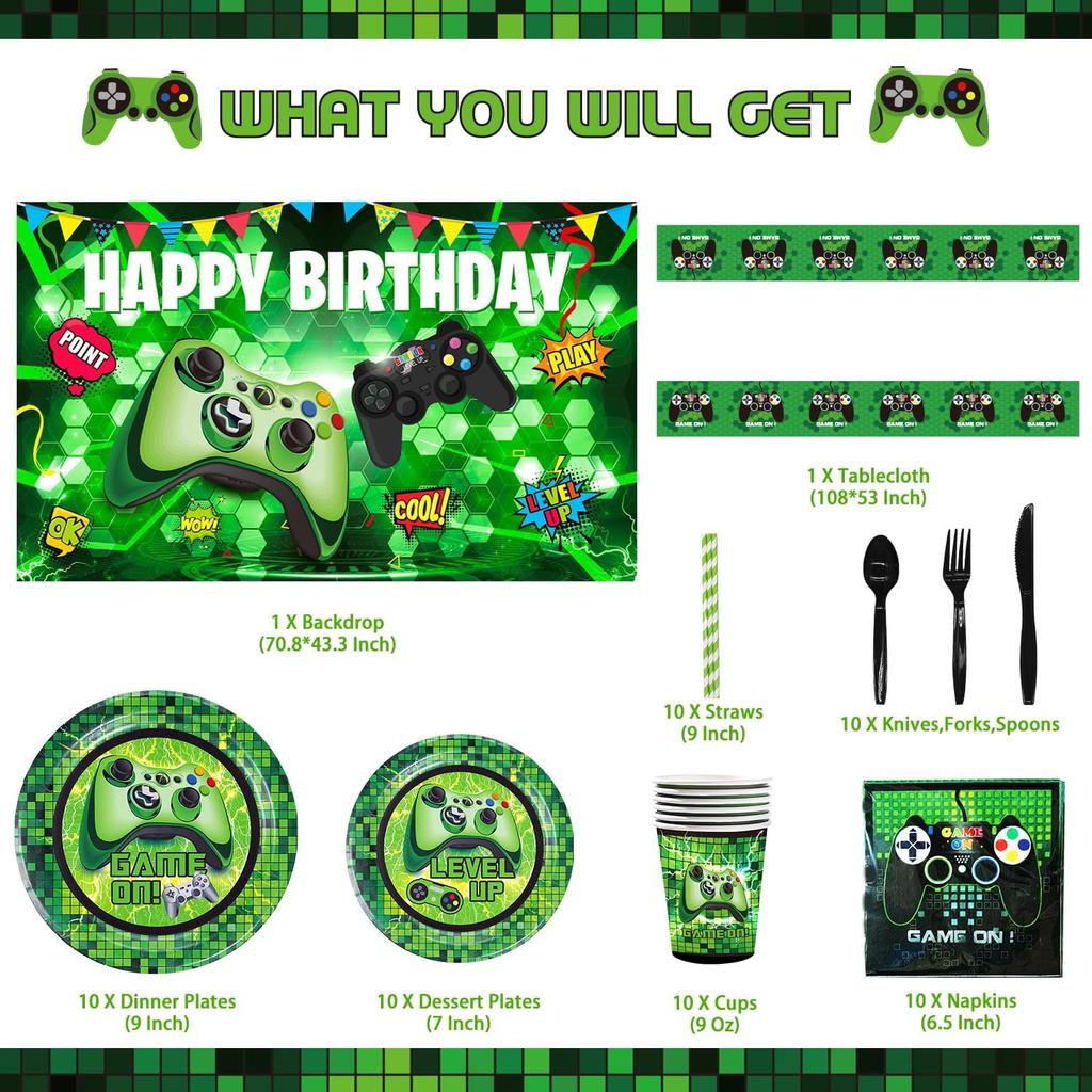 Green Gamer Birthday Party Decoration - 217Pcs Video Game Gaming Party Supplies For Boys Birthday Party - Backdrop, Table Cover, Plates, Cups,