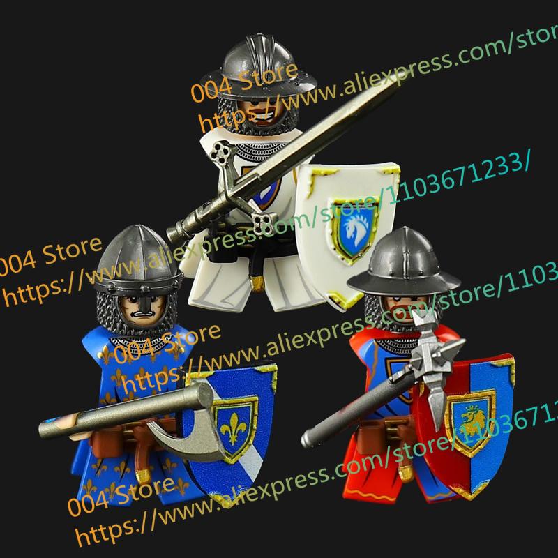 N511U-518U N335-337 Mittelalterliche Burg Ritter Bausteine Figuren Vierseitiger UV-Druck Waffen Zubehör Spielzeug Kindergeschenke F030