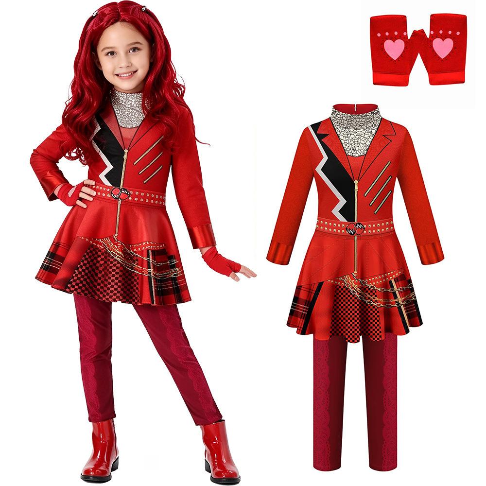 2026 New Hot Descendants Red Kids Dress Set Halloween Stage Performance Costume