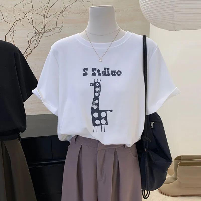 Women White Short Sleeve T-Shirt With Abstract Giraffe Print S белый