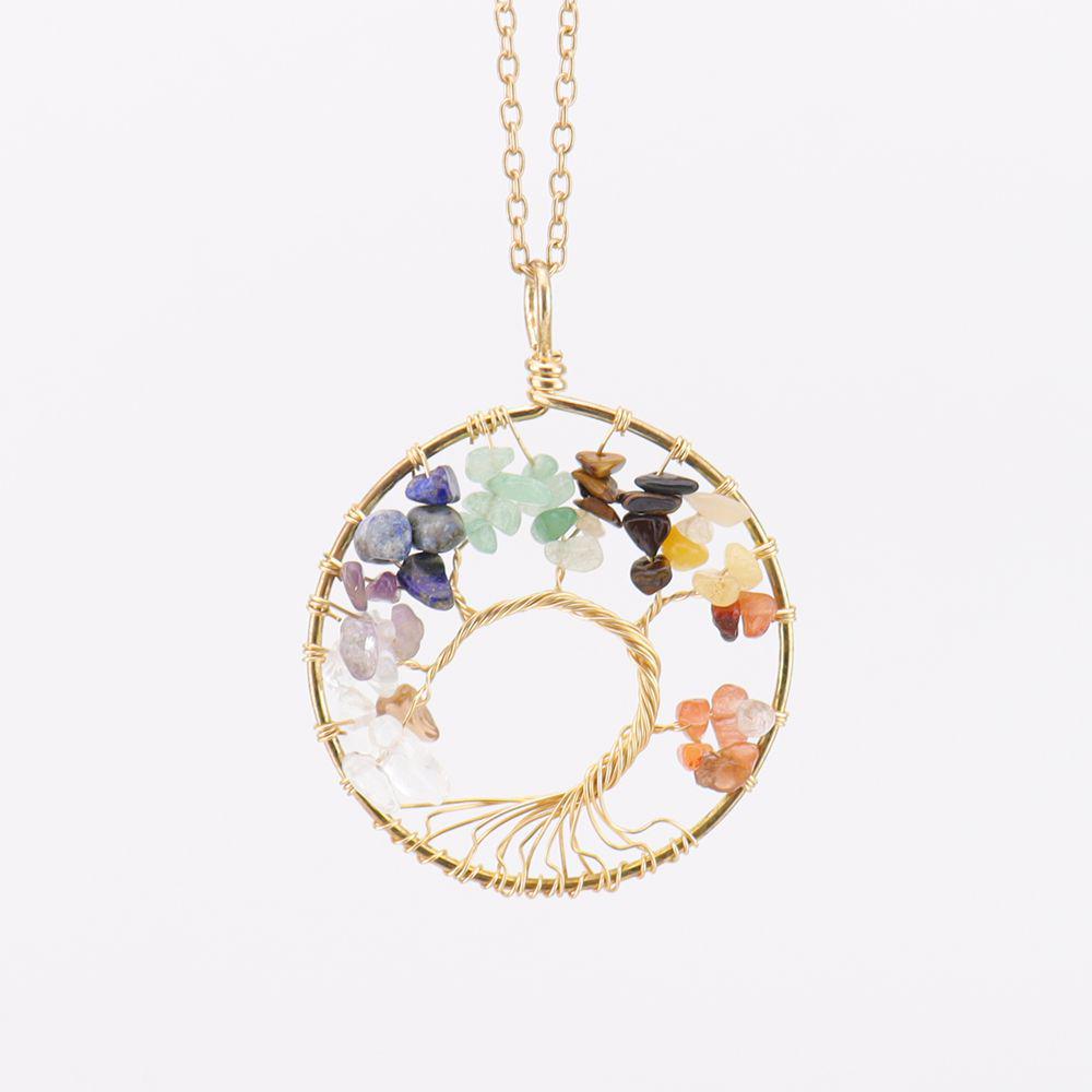 7-Color Natural Stone Money Tree Pendant Necklace - Handmade Wire-Wrapped Crystal Gravel Life Tree Ornament (N02)